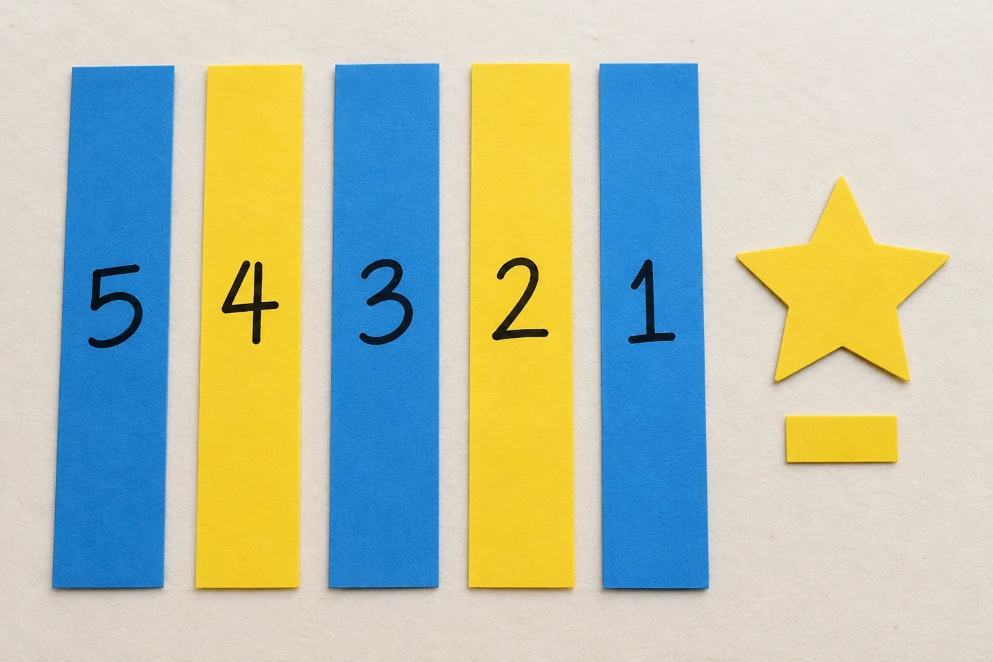 Five flat strips 3 by 20 cm in a row, each center marked with a clear single numeral 5 4 3 2 1, ends uncolored