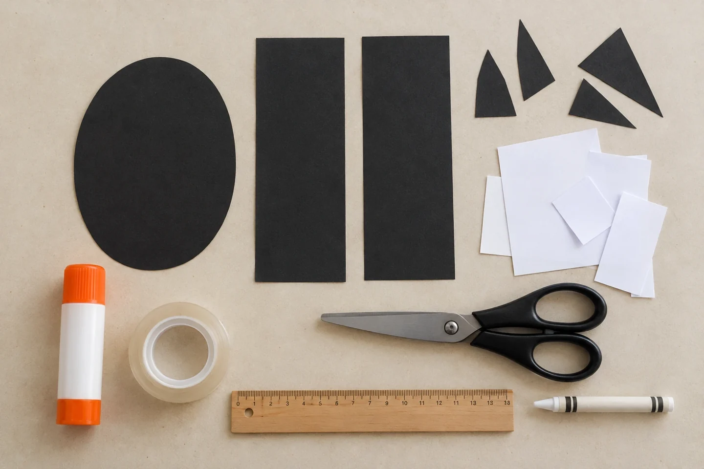 A black oval, two matching wing rectangles and simple craft supplies.