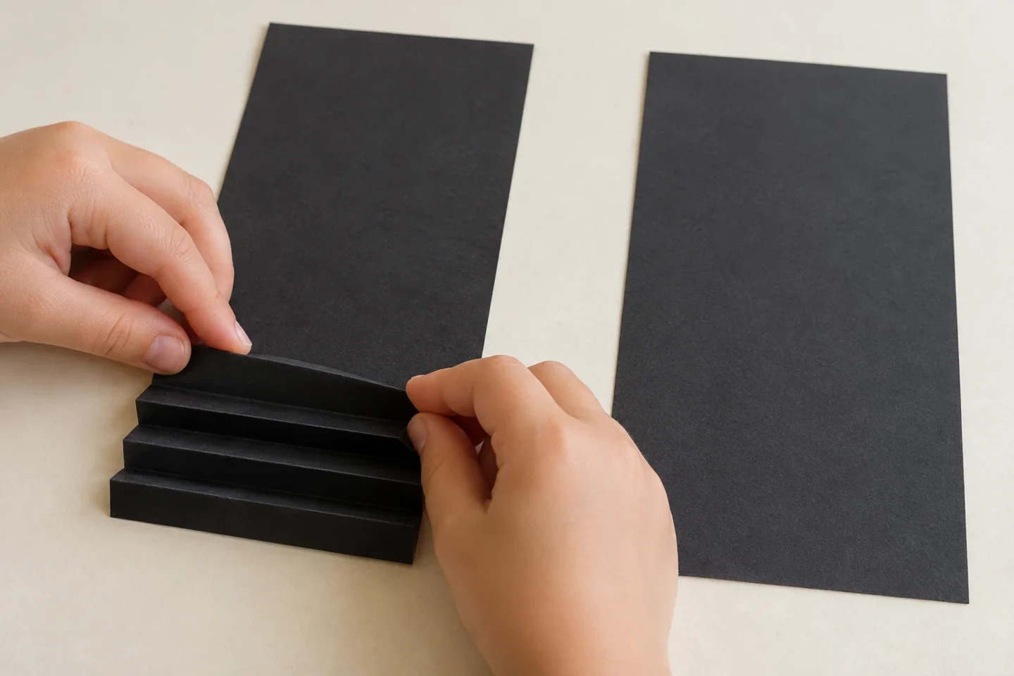One wing rectangle is partly folded back and forth while the other remains flat.