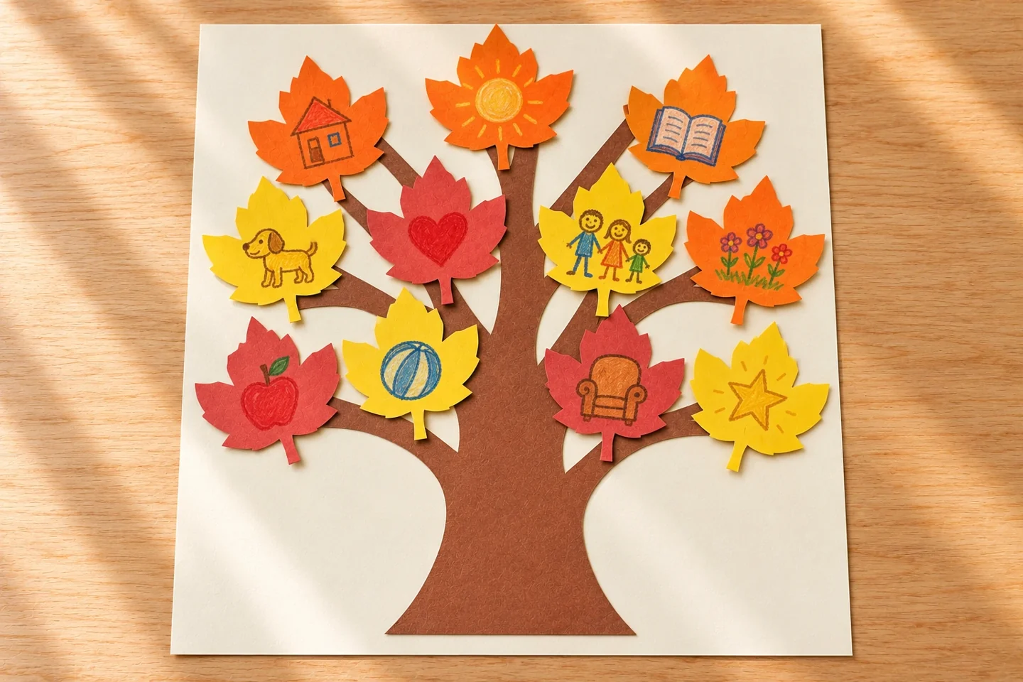 Completed flat paper gratitude tree with drawings on autumn leaves