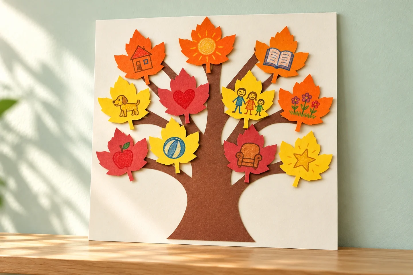 A colorful paper gratitude tree displayed upright in warm daylight