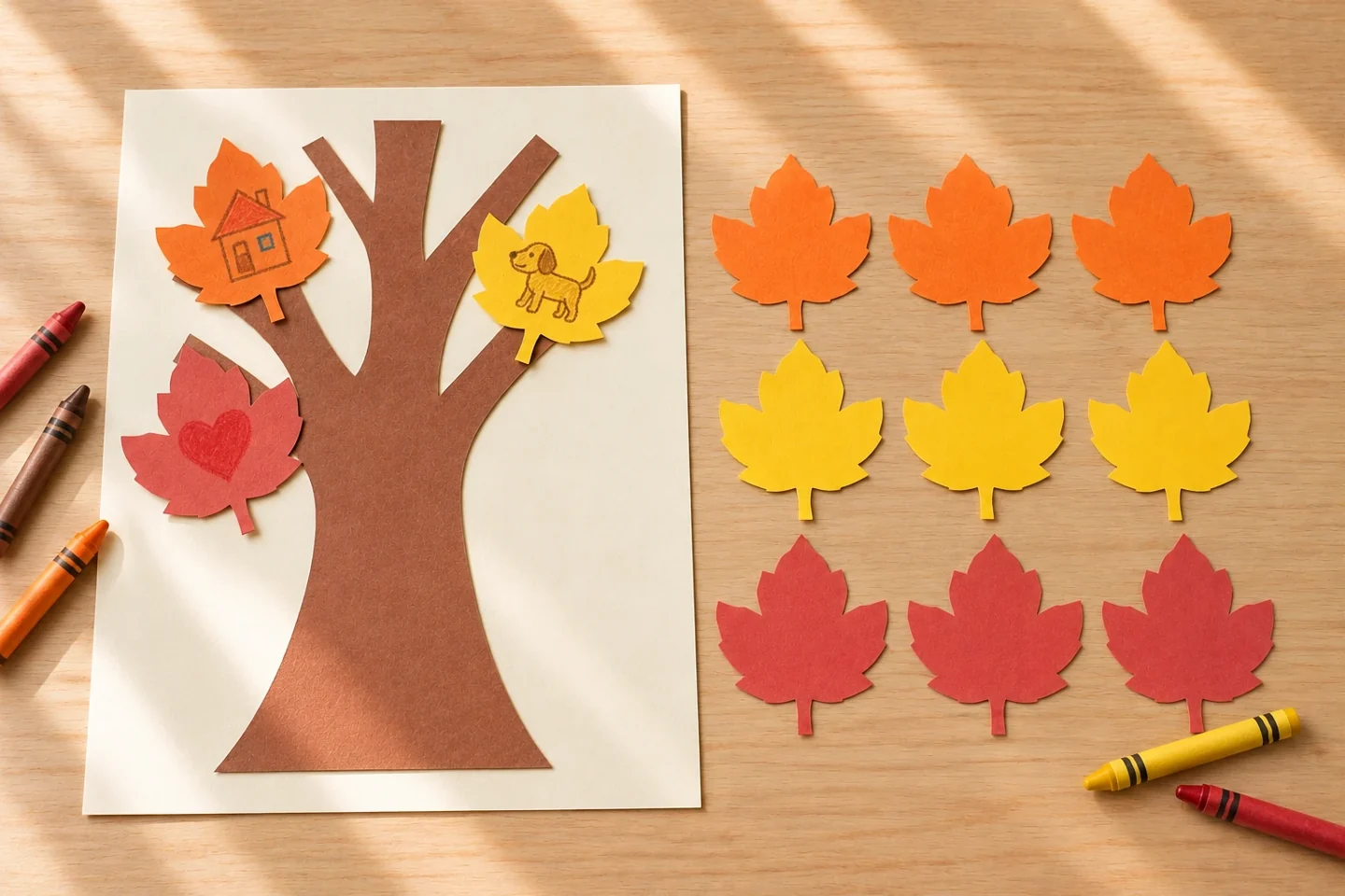 Three illustrated gratitude leaves attached to branches with nine blank leaves nearby