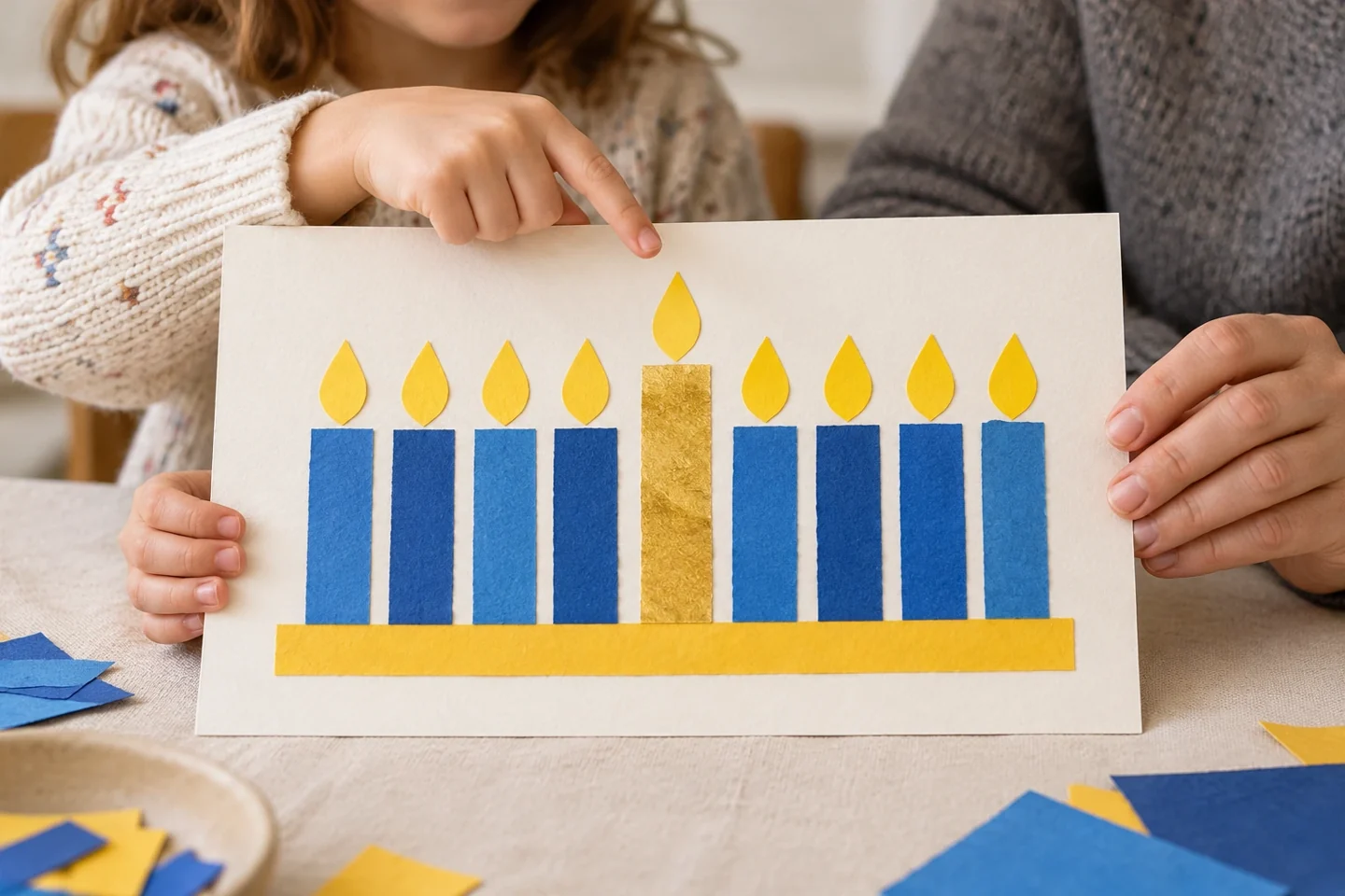 A child showing an adult a landscape paper Hanukkah menorah at a bright craft table, pointing to the taller central helper candle