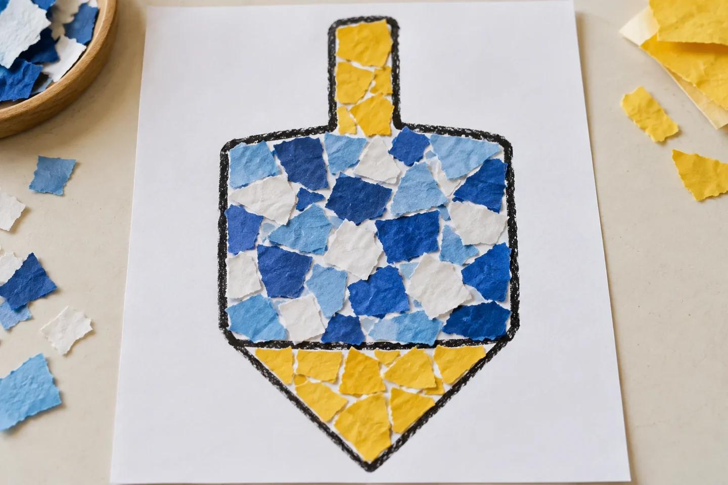 One completed flat dreidel mosaic with blue-and-white body, yellow handle and point, and visible background gaps; unlettered