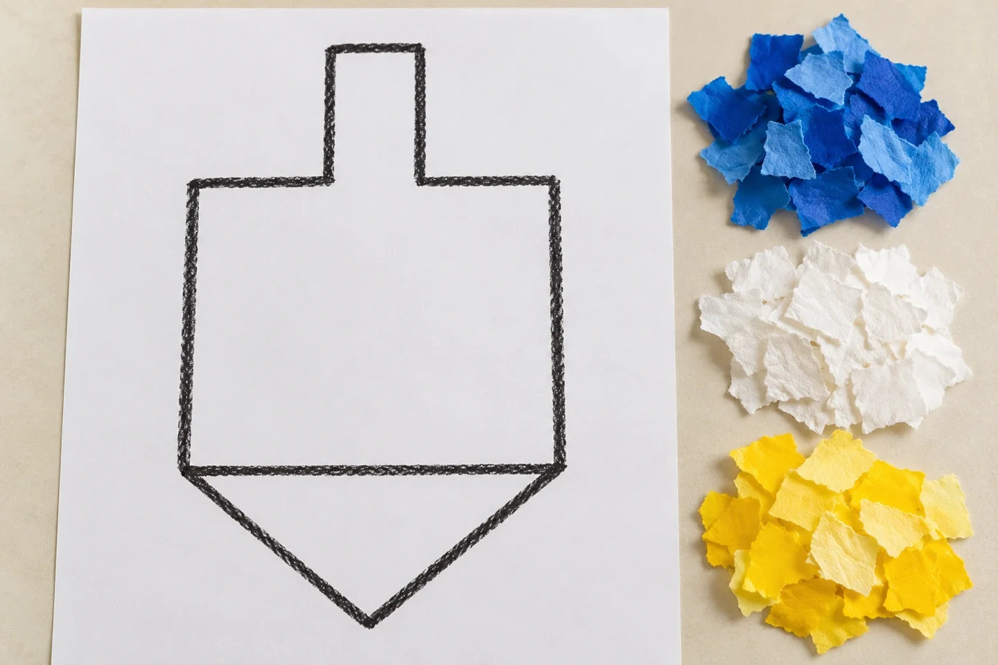 A dark outlined six-inch dreidel with short handle and pointed base, plus sorted piles of torn half-to-one-inch paper scraps; outline still empty
