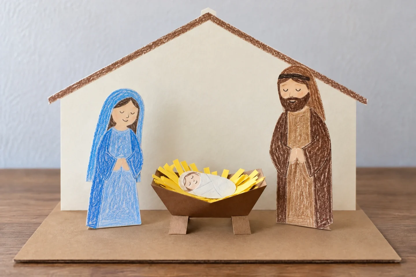 Finished small paper Nativity with Mary Joseph and baby Jesus in a folded V-shaped manger, roof-outline backdrop and paper hay, no extra visitors