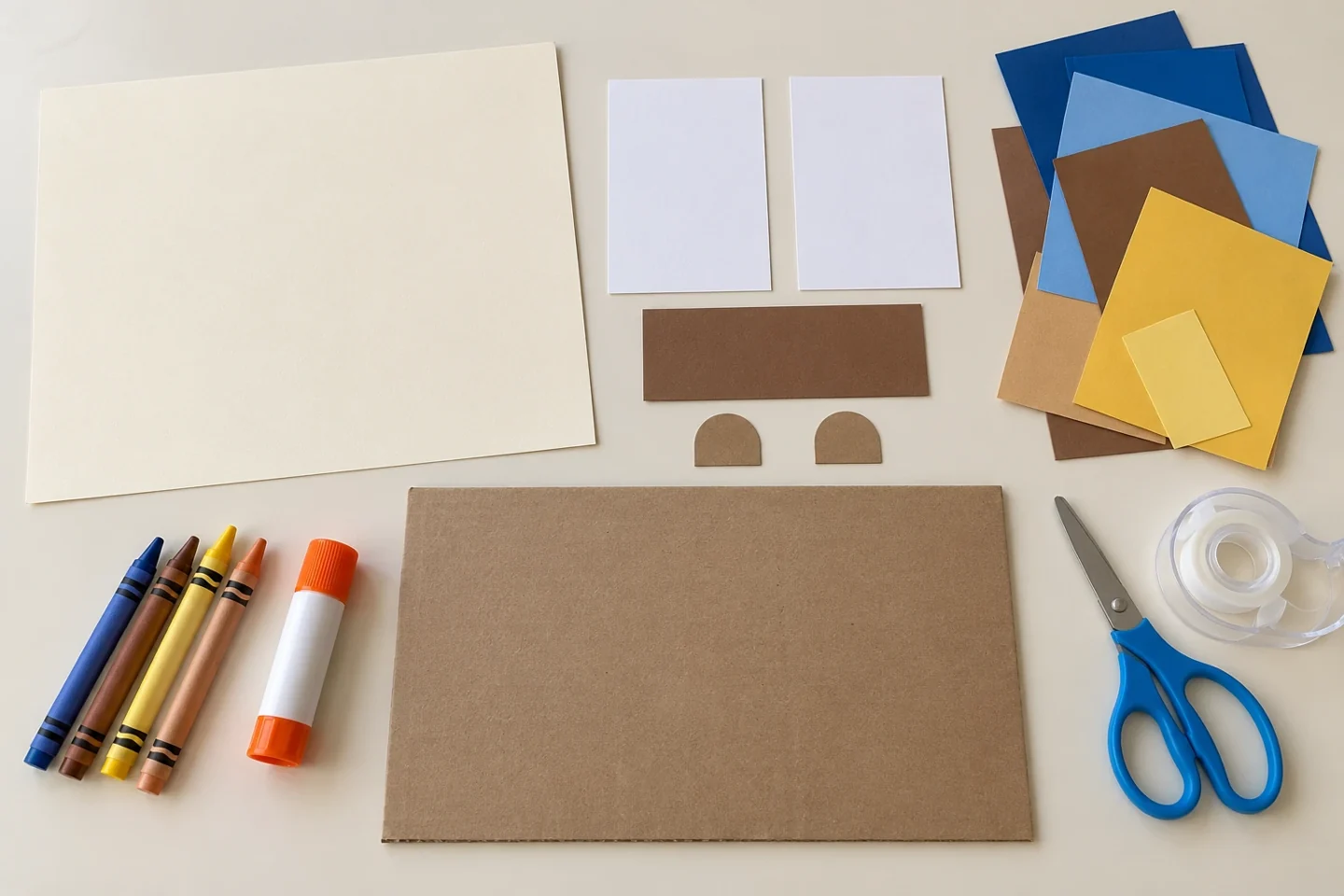 One backdrop cardstock sheet, two three-by-five-inch figure blanks, one two-by-four-inch manger blank, scrap strips cardboard base crayons glue scissors tape