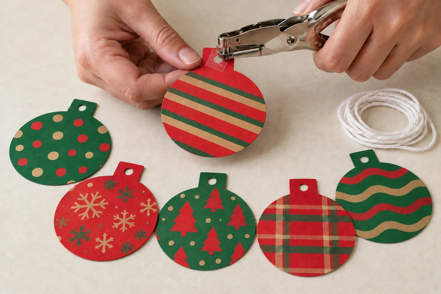 Hands punching through a reinforced ornament tab while other decorated circles lie flat, all tabs intact and away from the design