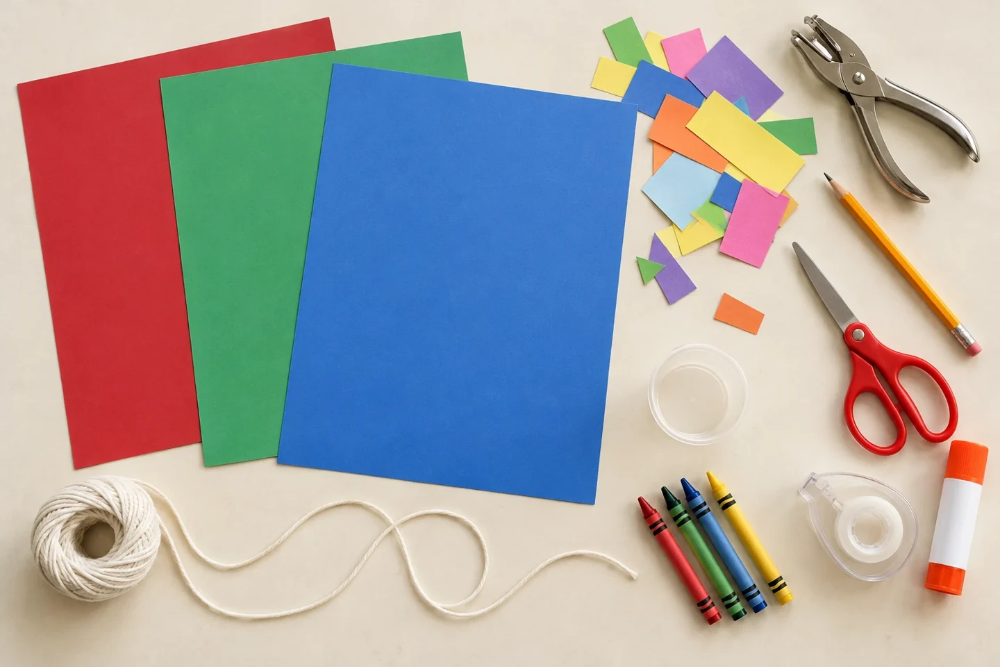 Three intact colored cardstock sheets, scraps four-foot cotton string hole punch pencil scissors glue crayons tape small tracing cup, no cut ornaments