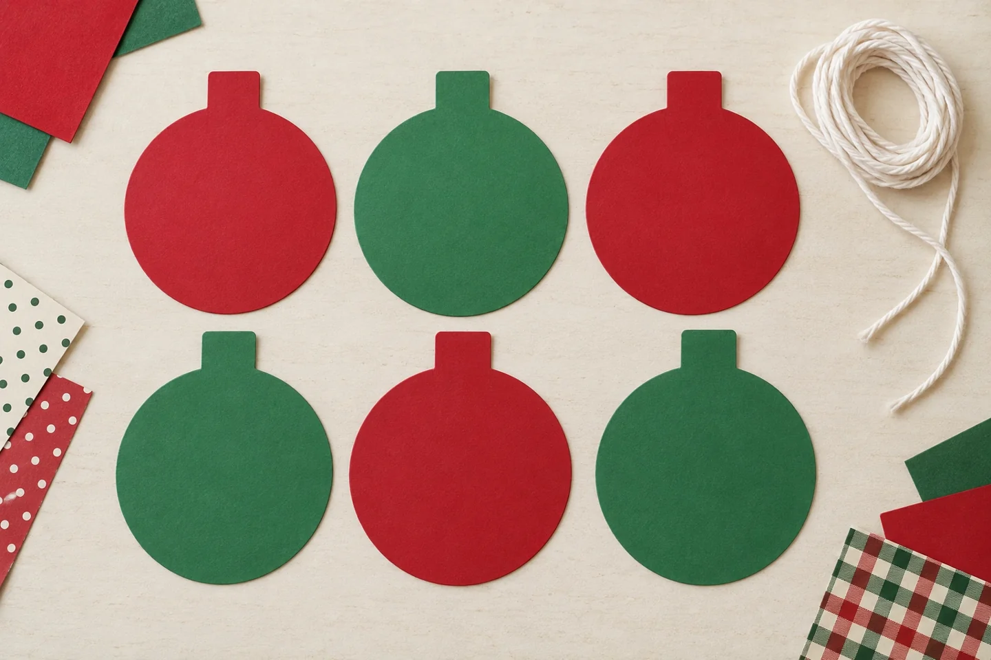Six loose three-to-four-inch circular cardstock ornament blanks with broad top tabs; contrasting scraps nearby and string unthreaded