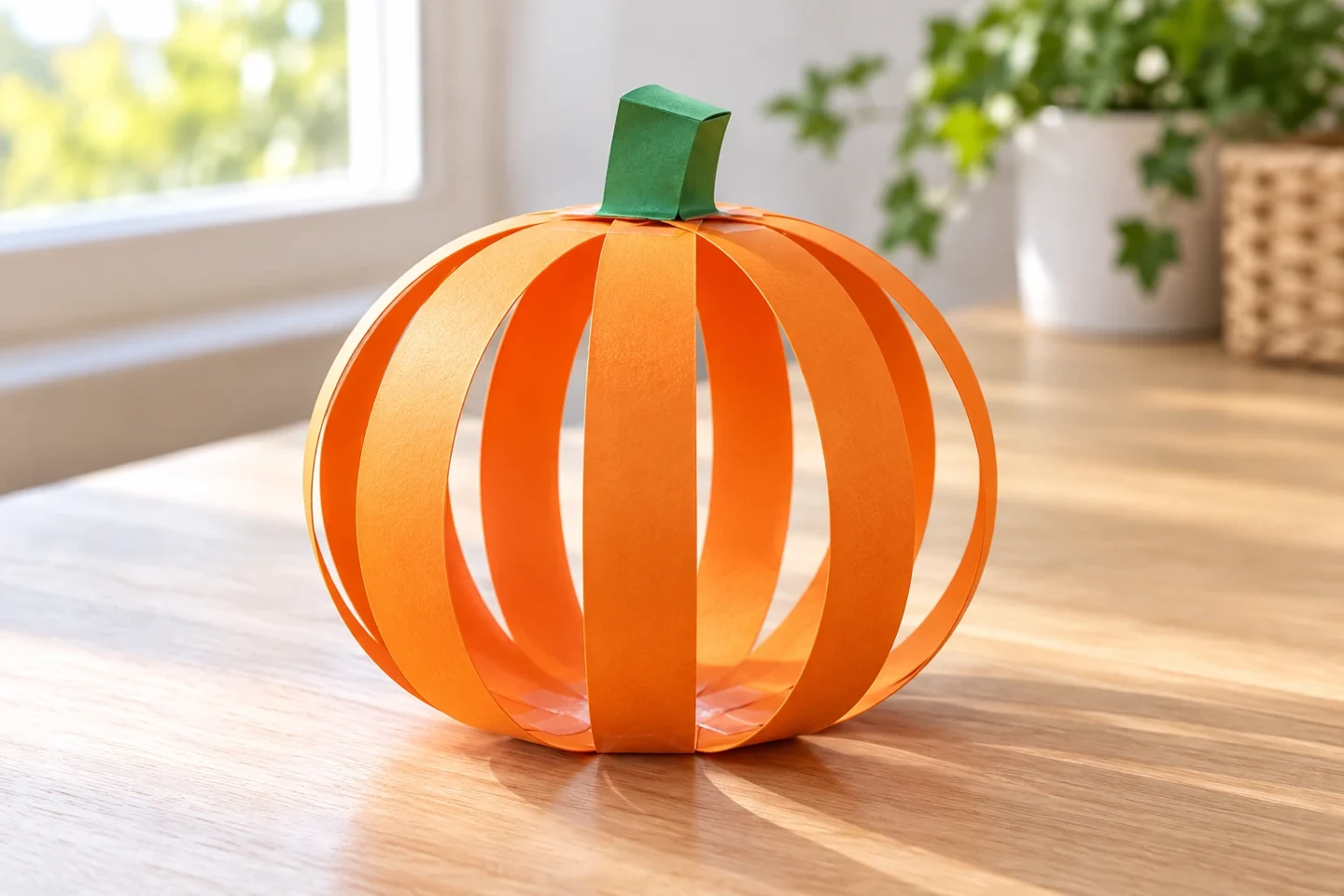 Open orange paper-strip pumpkin with a folded green stem beside a sunny window.