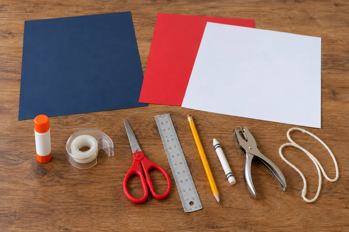 Blank navy letter-size cardstock, one blank red and one blank white 25 by 20 cm lightweight sheet, glue, tape, scissors, ruler, pencil, white crayon, hole punch and one 45 cm cotton string, separate