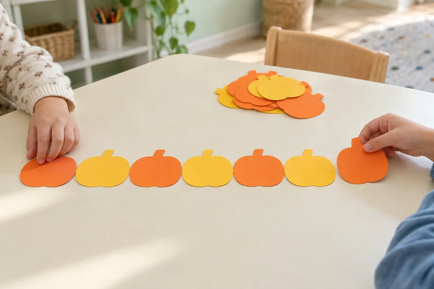 Children extend an orange-yellow row of matching-size paper pumpkins.