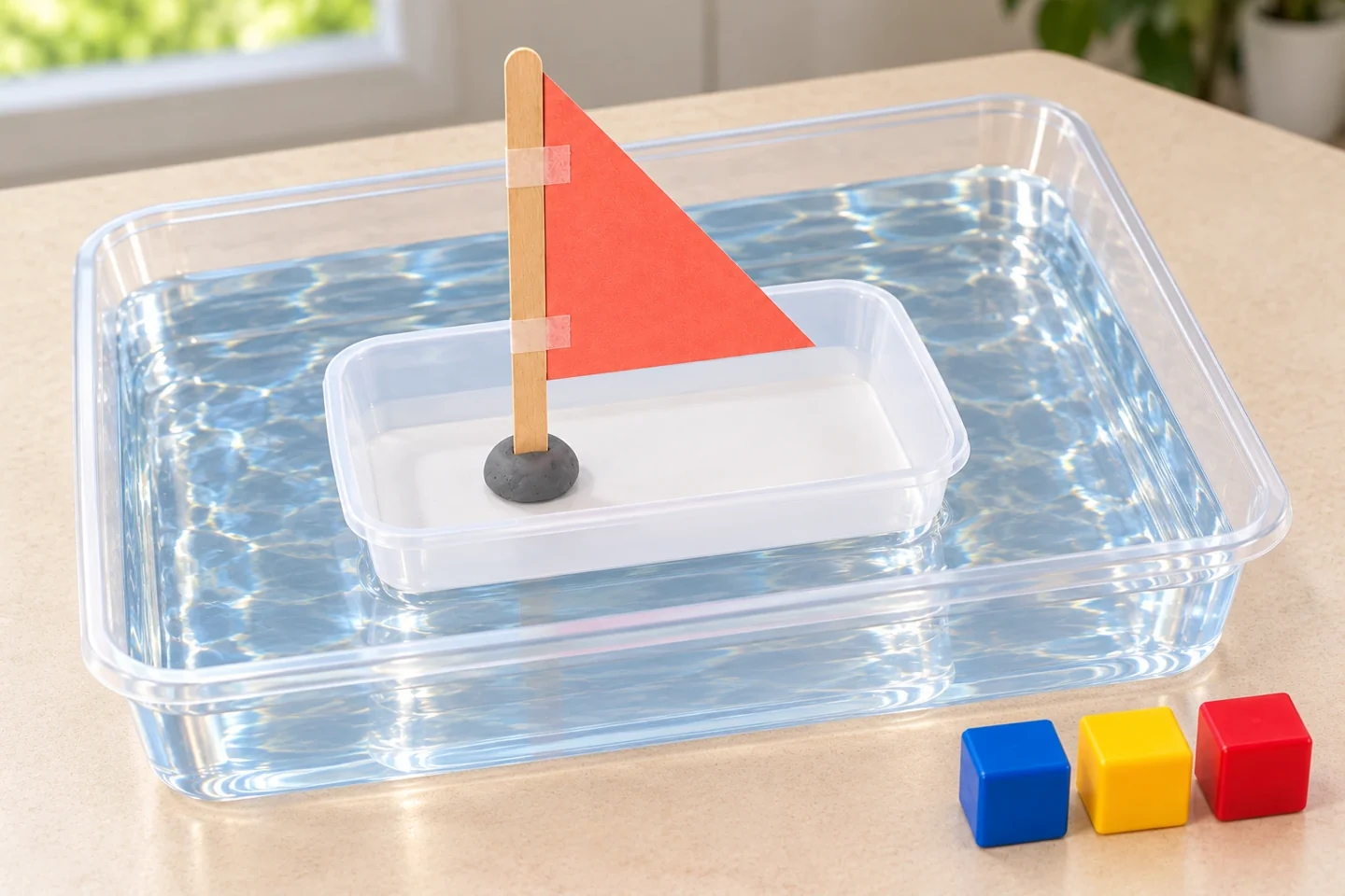 Small food-container boat with a coral sail floating in a shallow water tray
