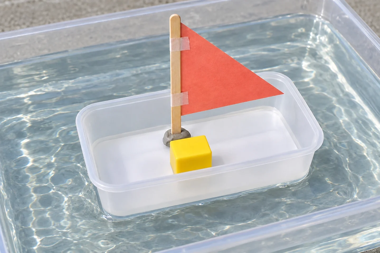 Same mast upright in small central clay pad inside floating hull, one large block centered near mast