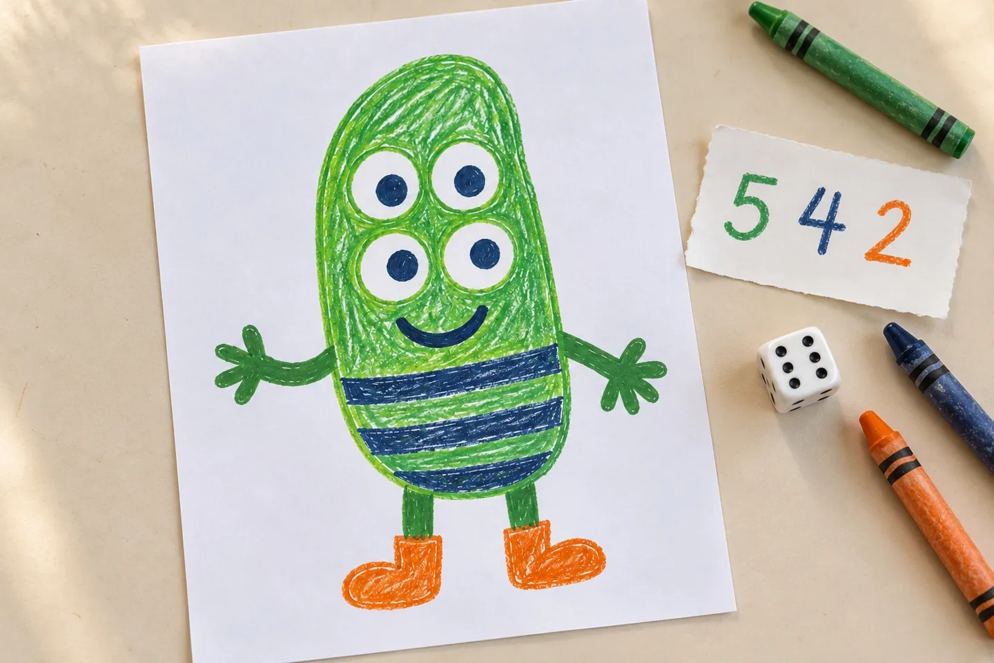 A finished four-eyed striped monster beside the recorded rolls 5, 4 and 2.