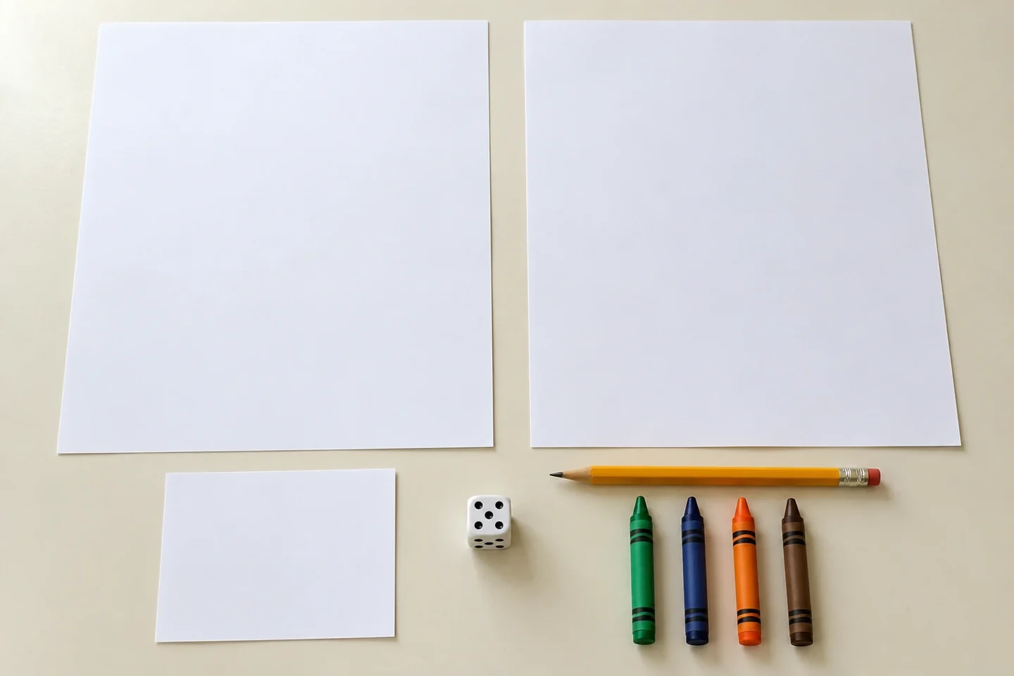 Blank drawing and chart paper, a die, crayons, pencil and a note scrap.