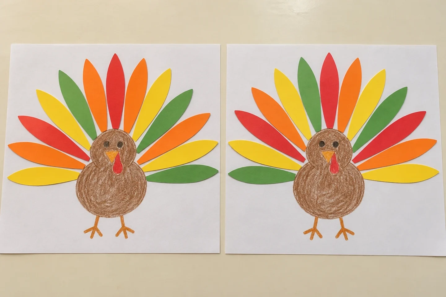 Count twelve removable feathers on each completed turkey.