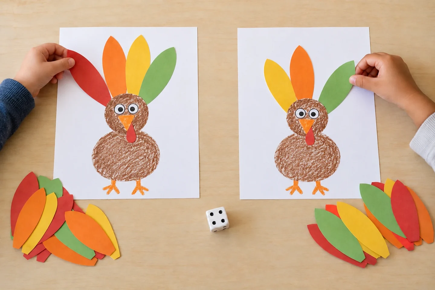 Take turns rolling the die and adding removable feathers to drawn turkey mats.