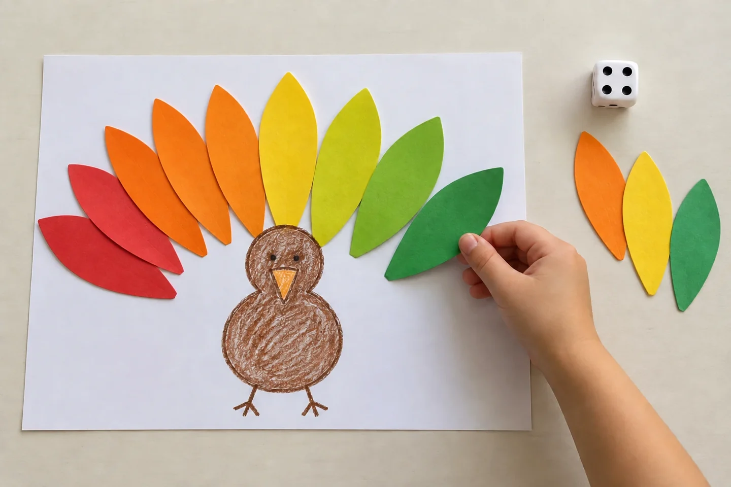 Five feathers plus a four-dot roll makes nine; three feathers remain in the supply.