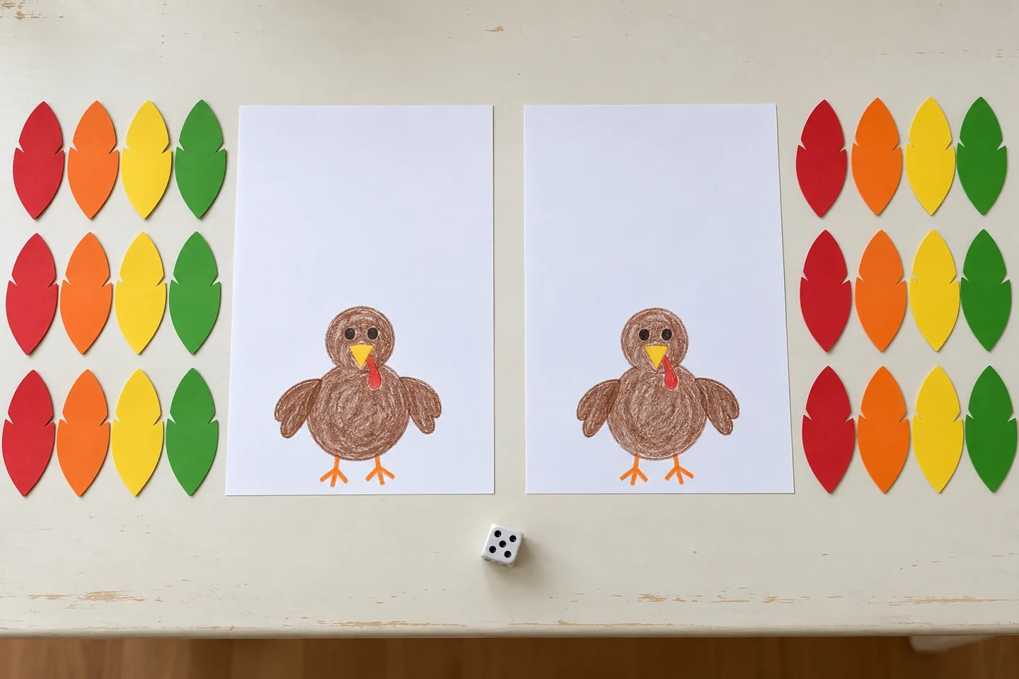 Set twelve removable feathers beside each drawn turkey before play begins.