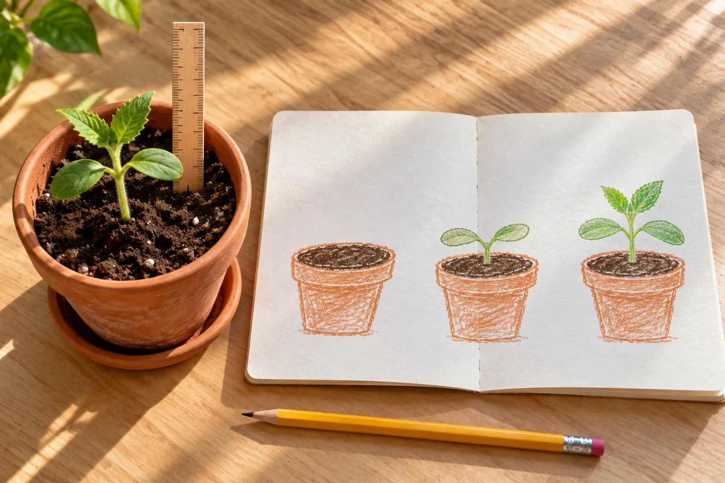 A young sunflower beside a journal recording three visible growth stages