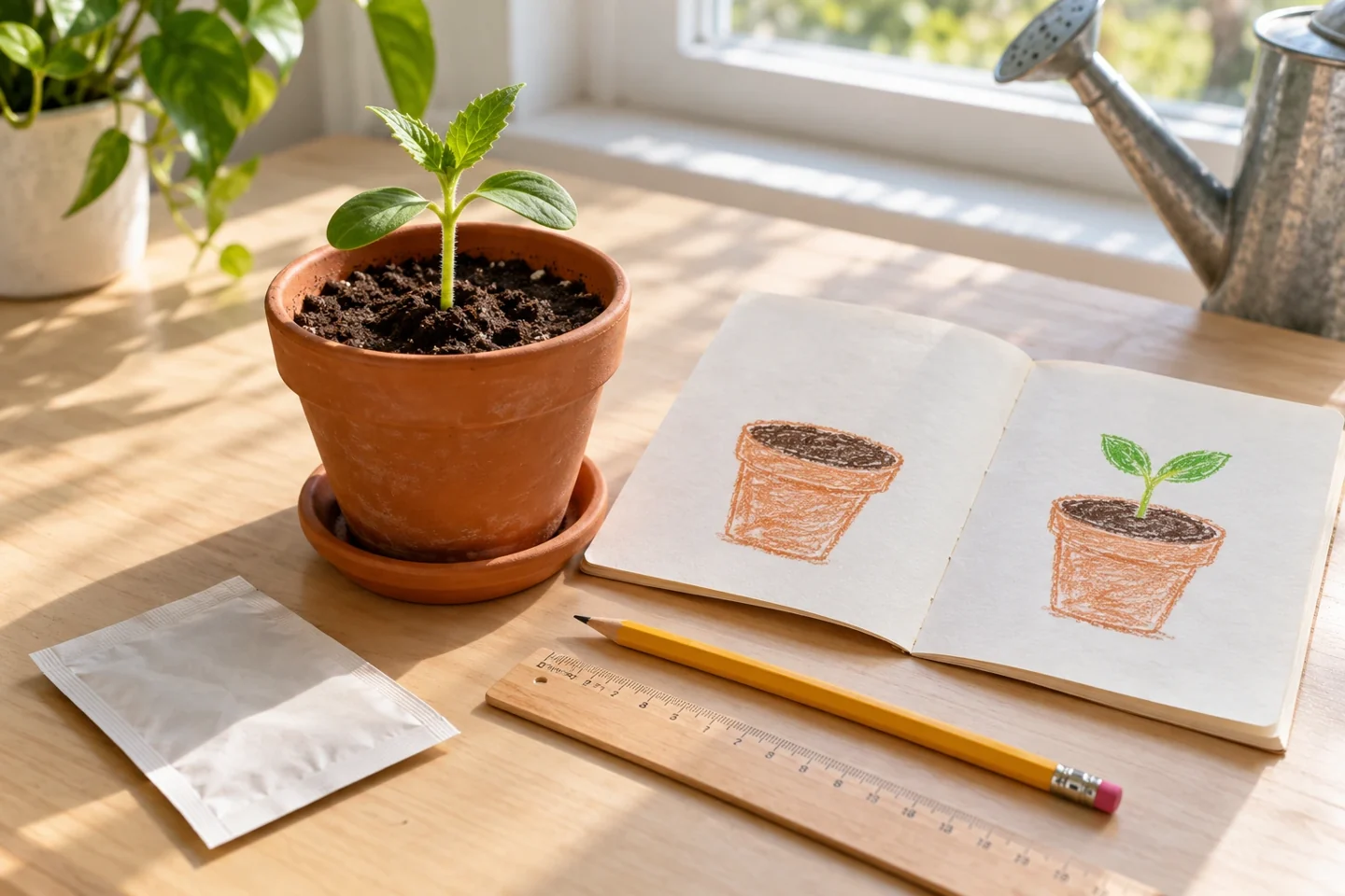 Young sunflower seedling beside two above-soil observation drawings