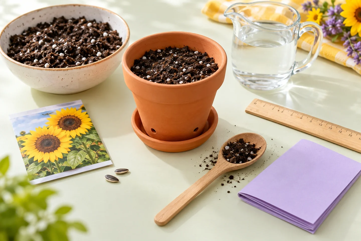 Seed-starting supplies including pot, mix, sunflower seeds and a notebook