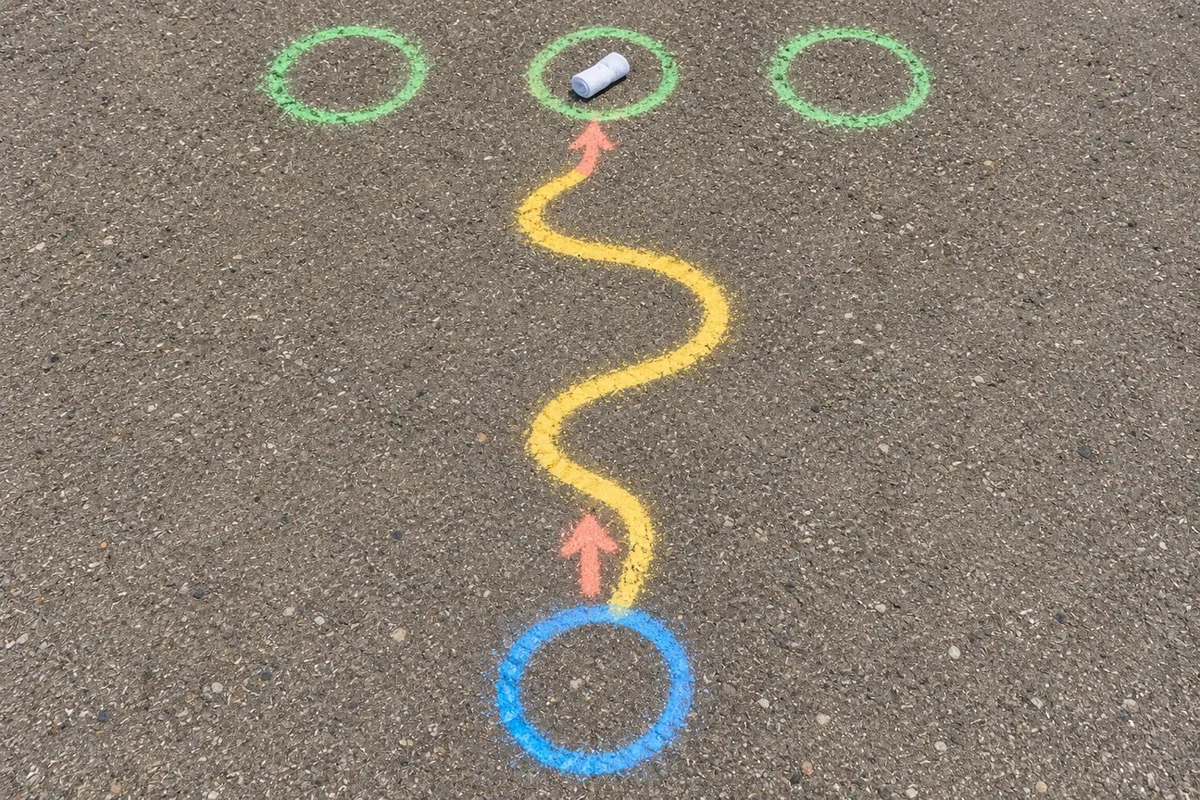 Overhead view of complete three-station course with broad arrows joining noncrossing stations and sock at target