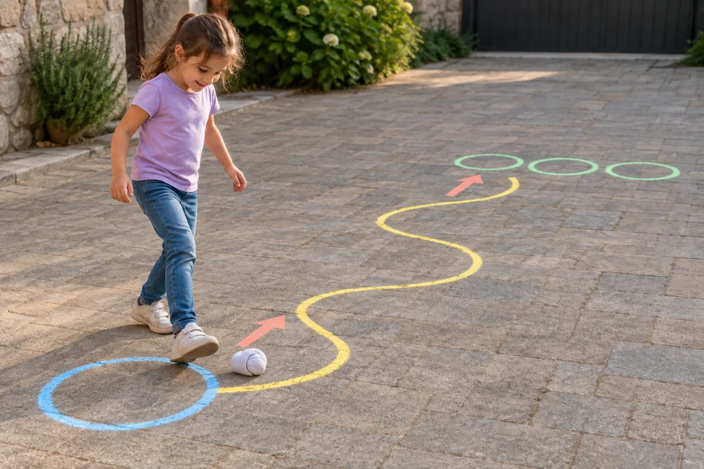 Short chalk course in private dry paved courtyard: broad start circle, winding line, arrows and three-circle target, a child’s shoe following beside line