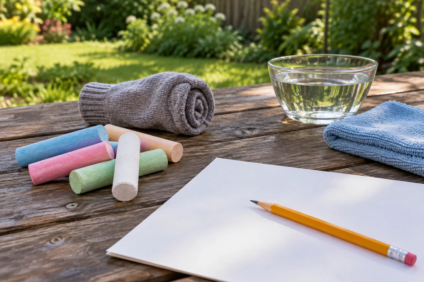 Chalk sticks, one soft rolled sock, blank planning paper and pencil on outdoor table