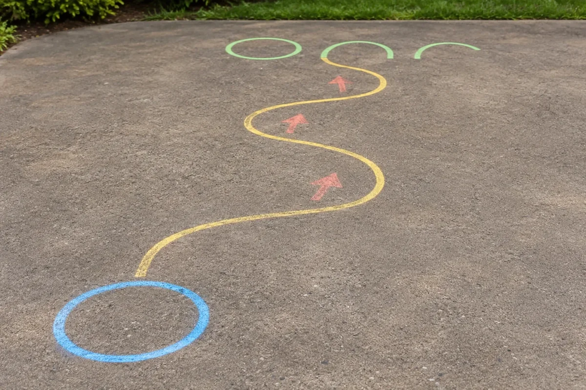 On dry pavement start circle and winding path drawn clearly, target circles only partly drawn farther away, generous empty space between stations