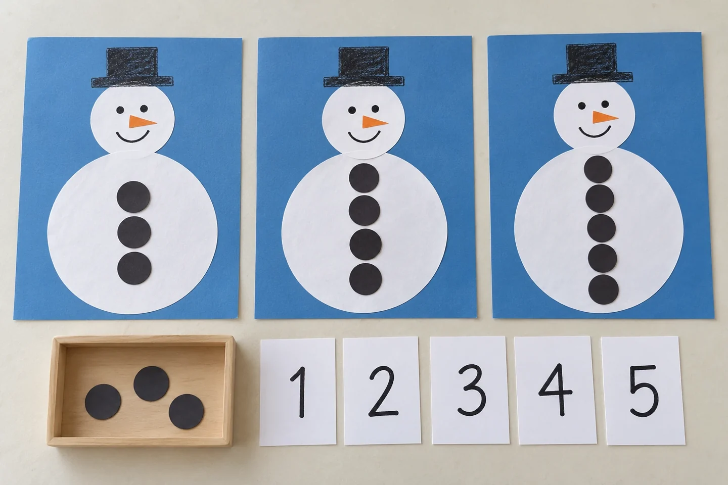 Overhead three completed snowman mats with three four and five large dark paper circle buttons respectively