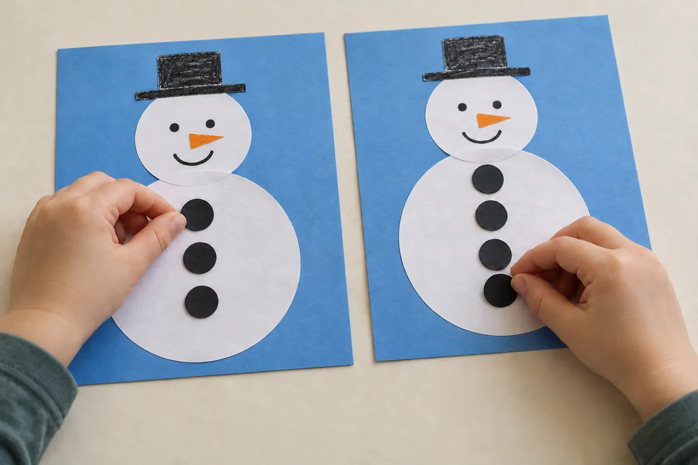 Close hands arranging sets of three and four paper circles in aligned one-to-one pairs on two snowman mats
