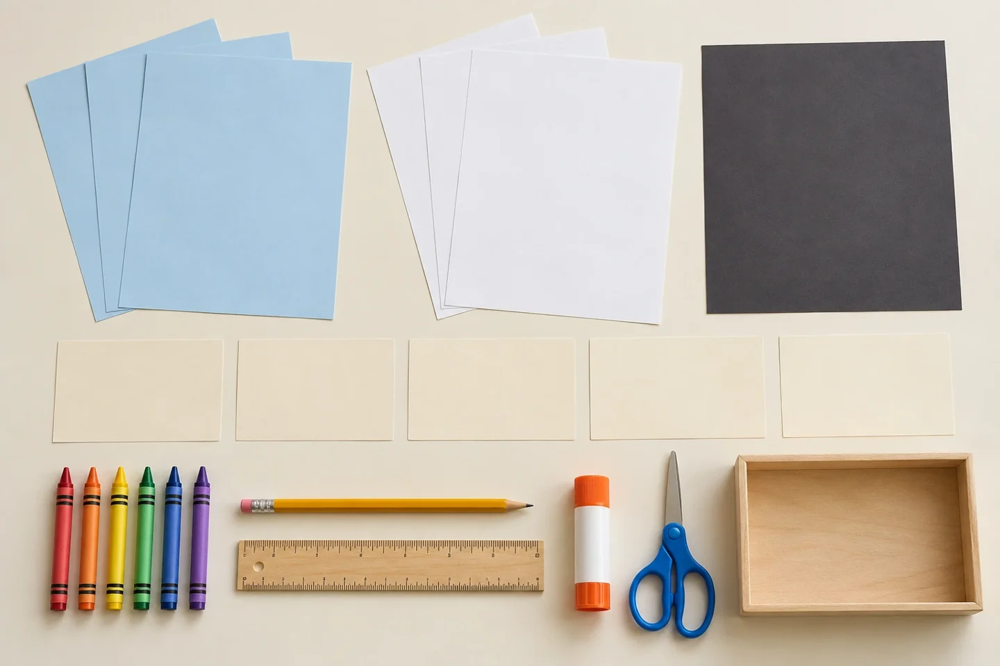 Raw three pale blue sheets three white sheets one dark paper sheet crayons pencil glue stick ruler adult scissors five blank number cards and shallow tray