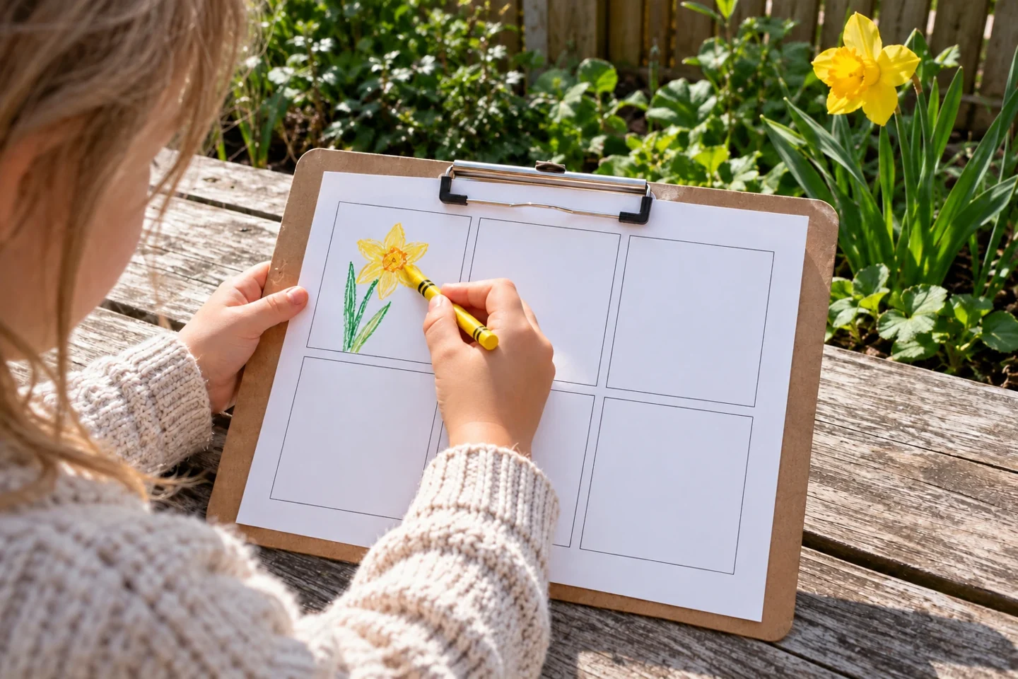 child hands hold clipboard six-box page and crayons