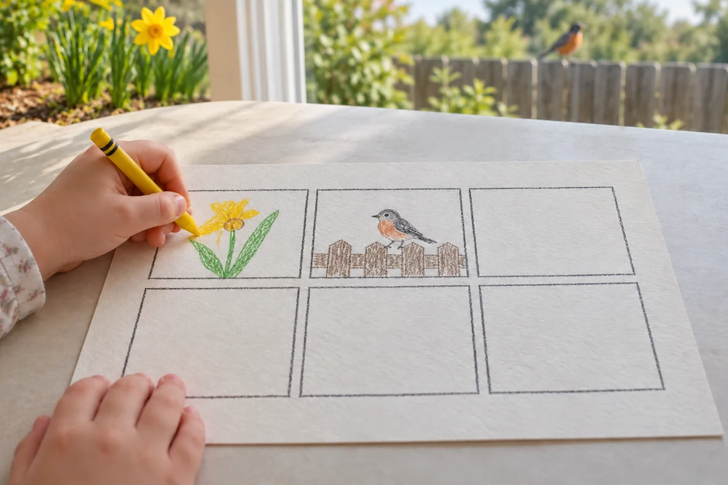Close child hand drawing a yellow flower in first box and simple visible bird on fence in second