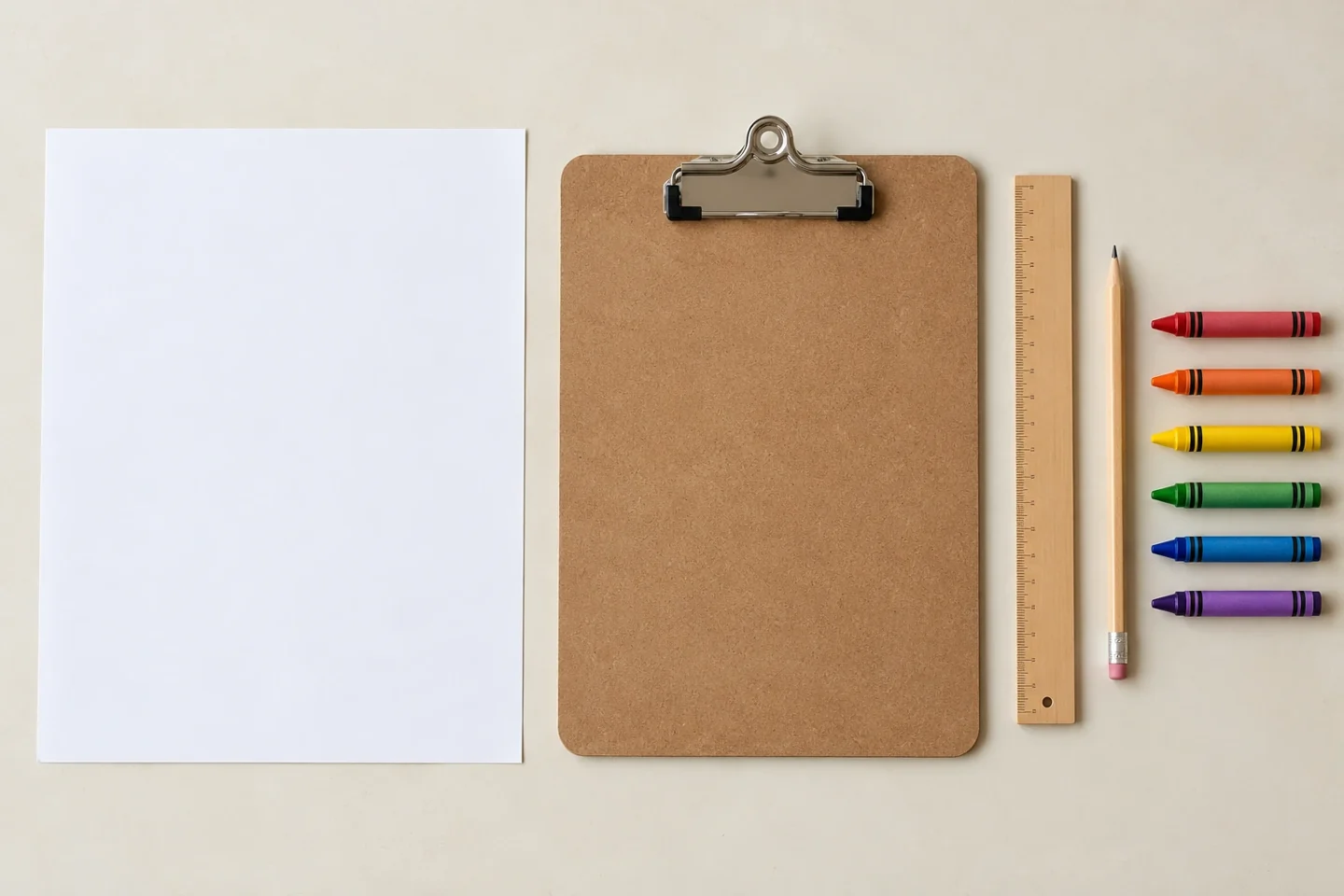 Raw one blank sheet clipboard ruler pencil six crayons