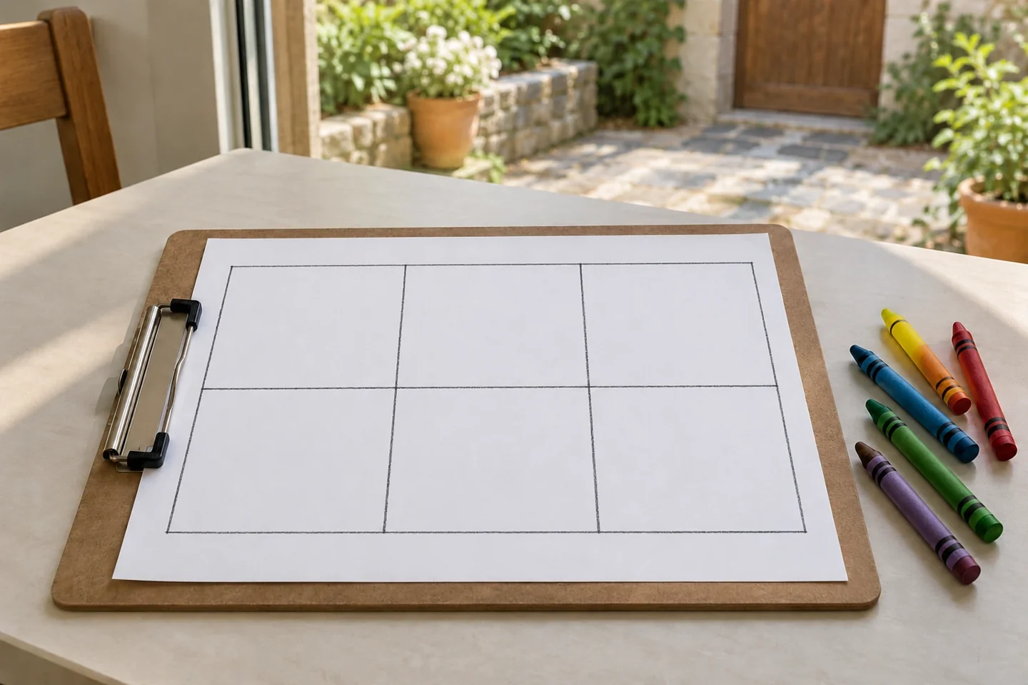 One blank recording sheet divided into six equal boxes on clipboard, crayons at side, quiet familiar courtyard visible beyond table