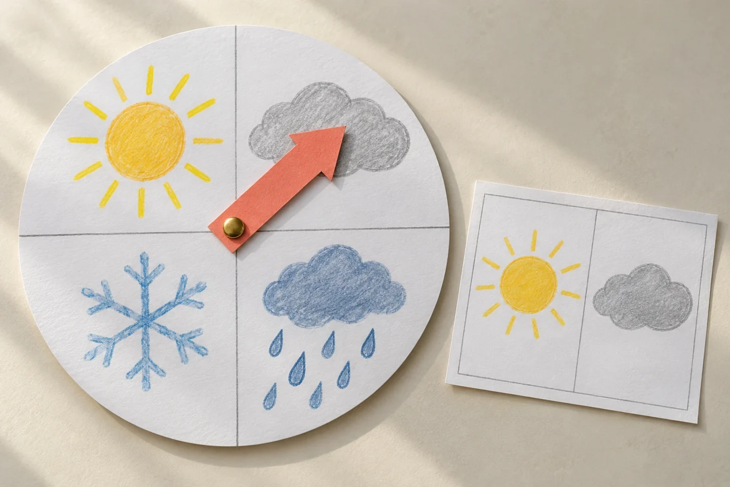Close complete wheel with four simple large weather pictures, central brass fastener and one broad pointer directed at cloudy