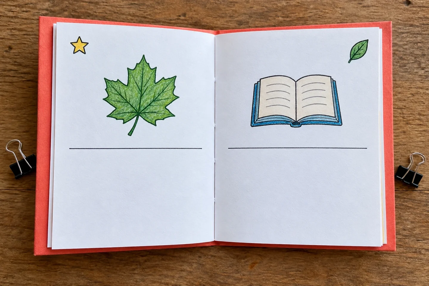 Overhead closeup of two facing booklet pages, one with a leaf drawing and one with a library book drawing