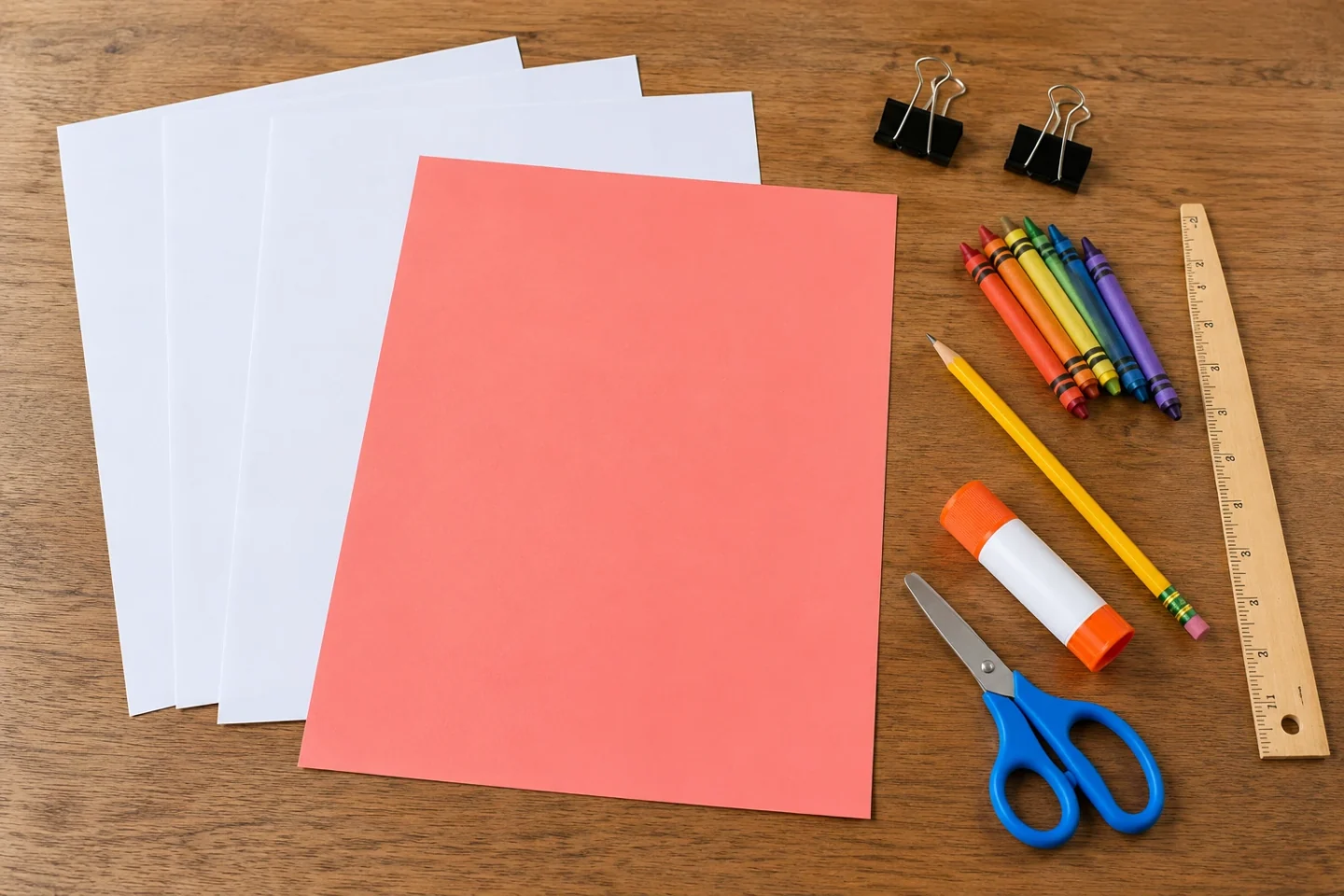Three blank white letter-size sheets, one blank coral letter-size cover sheet, two medium binder clips, crayons, pencil, ruler, glue stick and child scissors, all loose and unassembled