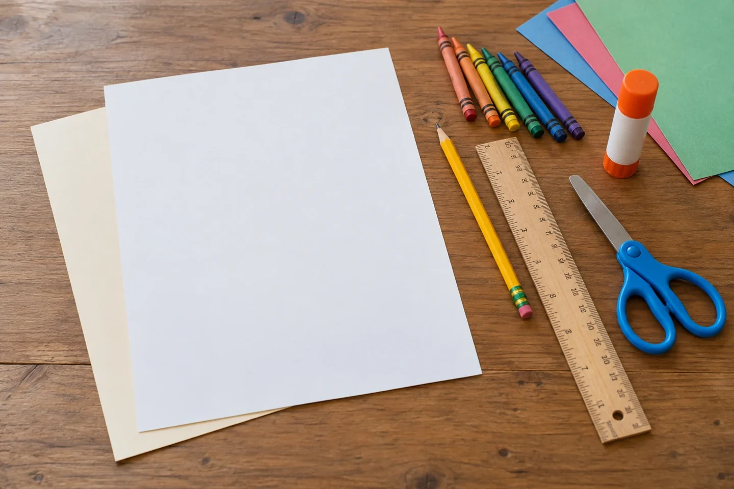 Two blank letter-size cardstock sheets, pencil, crayons, ruler and child scissors