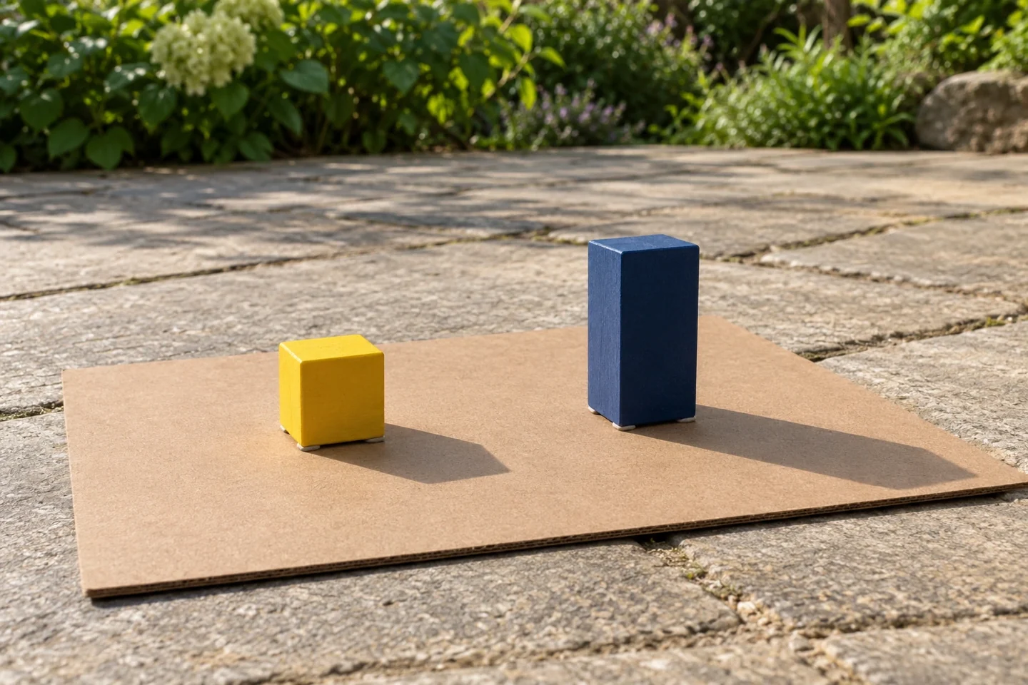 A fixed cardboard board on dry level private paving, two unequal upright opaque wooden blocks casting shadows