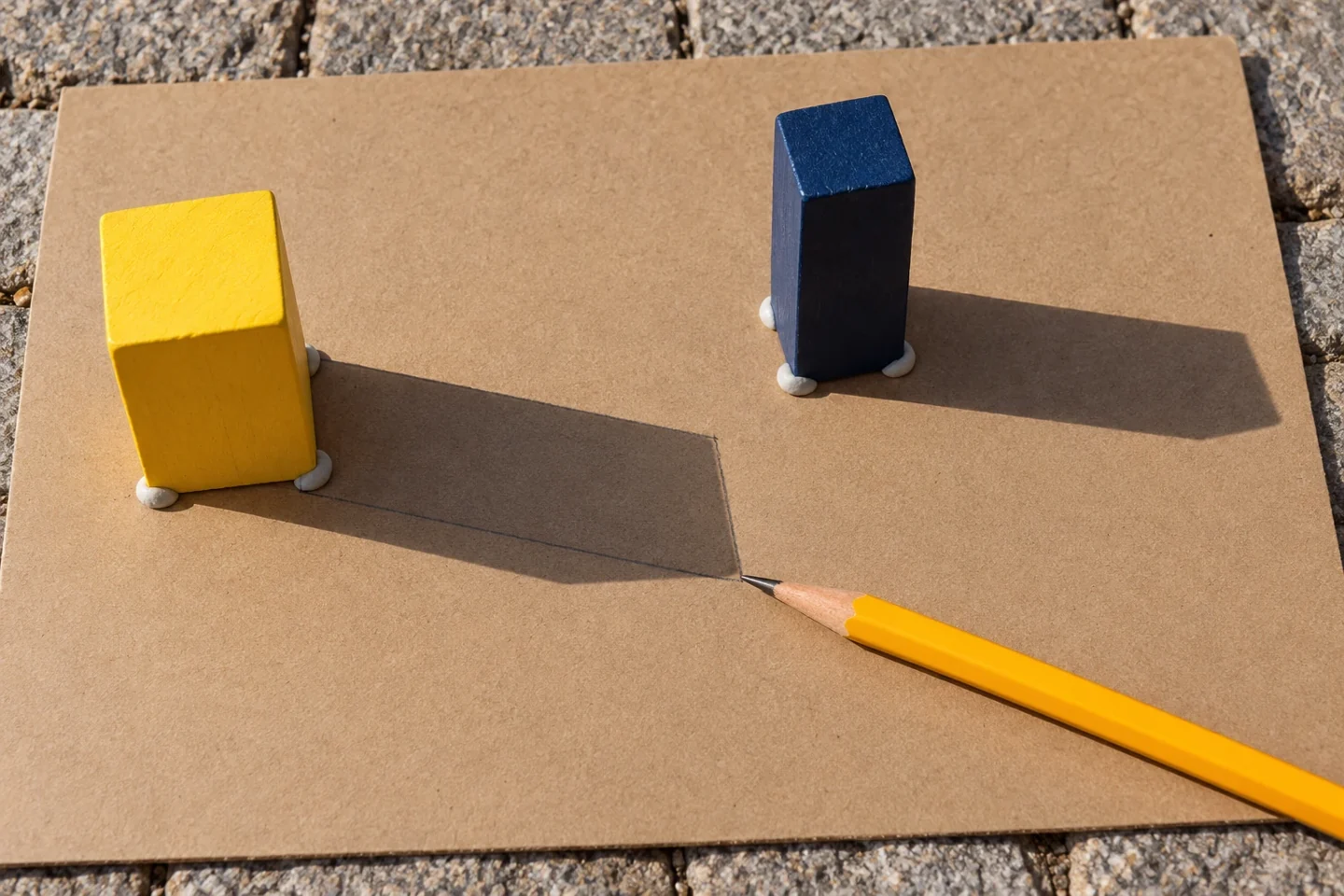 A graphite pencil tip at the corner of a traced wooden block shadow on the cardboard board