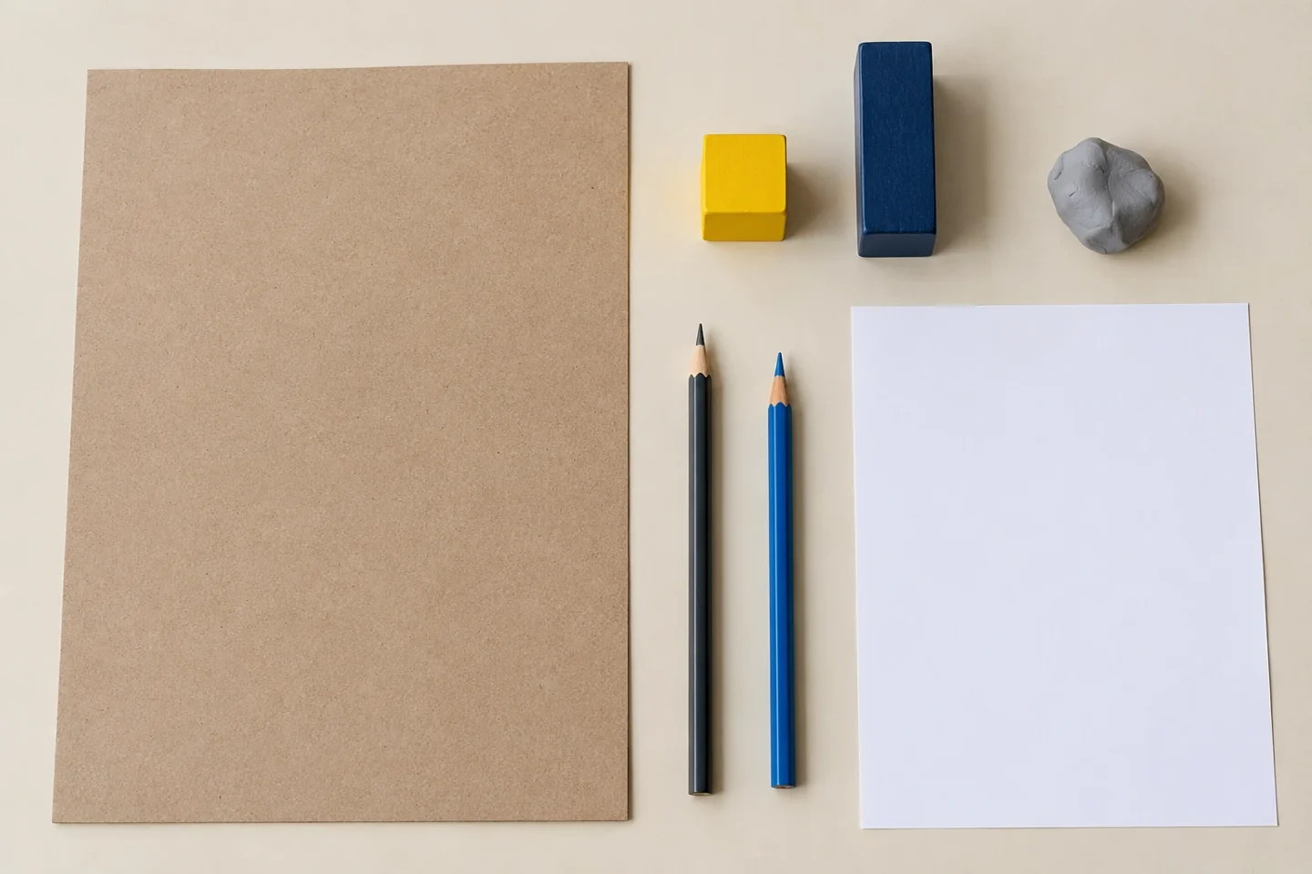 One 25 by 35 cm blank cardboard sheet, two opaque blocks, small modeling clay portion, pencil, blue colored pencil and blank recording paper, separate on a dry tabletop