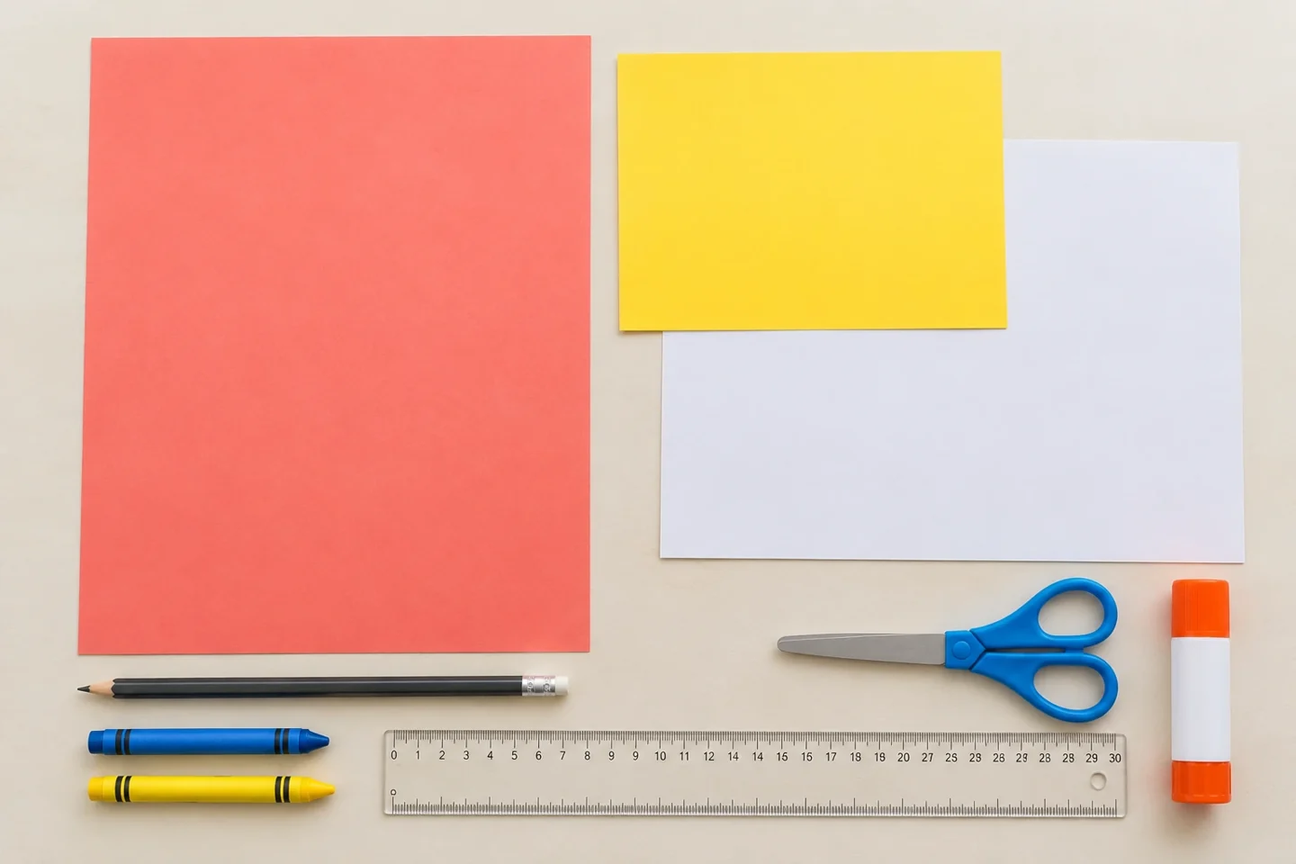Raw 9 by 12 inch coral paper, yellow scrap for body and two antennae, pencil crayons scissors glue stick ruler and optional white background sheet