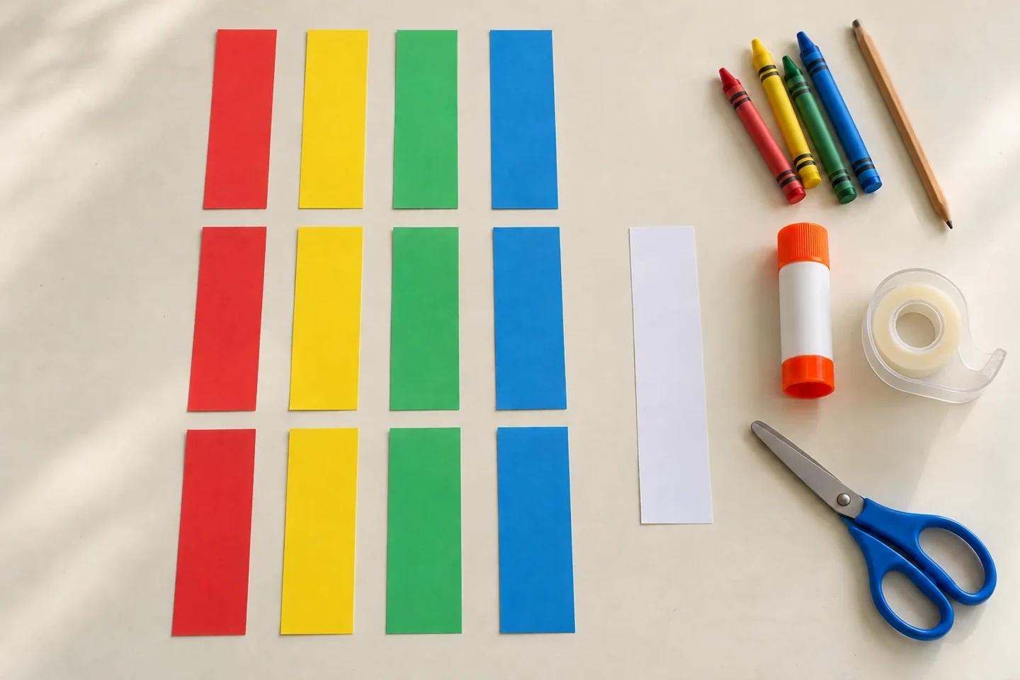 Prepare twelve colored strips and a spare practice strip before decorating.