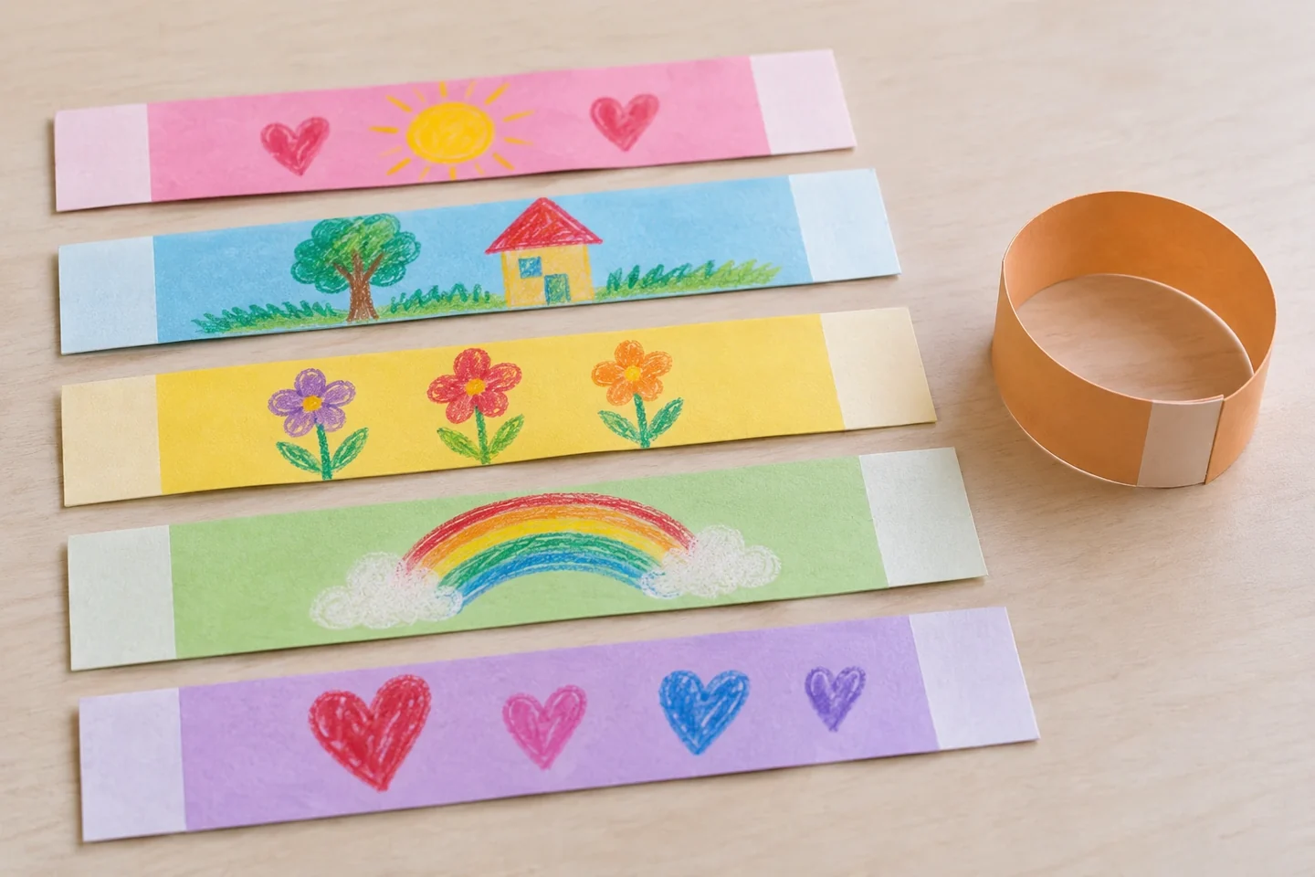 Leave the short joining ends blank while drawing in the middle of each strip.