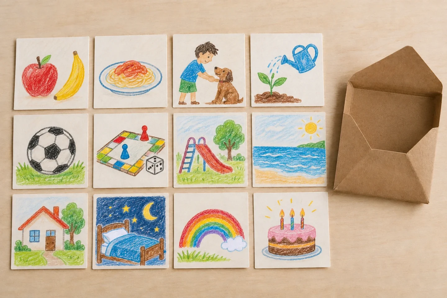 The twelve finished cards offer two pictures for each of six conversation themes.